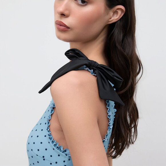 [NWT]  Asymmetrical Neck Polka Dot Bowknot One Piece Swimsuit  SIZE S - Picture 2 of 14